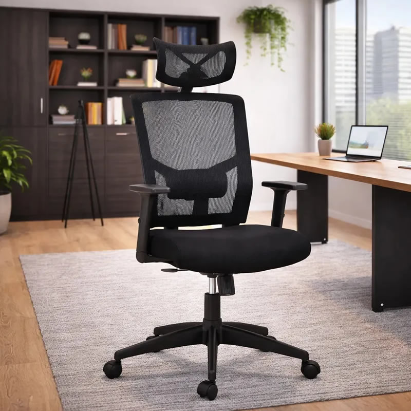 Cadeira de escritório Anima ANM 312 P giratória preta ergonômica com encosto em tela respirável, apoio lombar regulável, apoio de cabeça ajustável e braços confortáveis