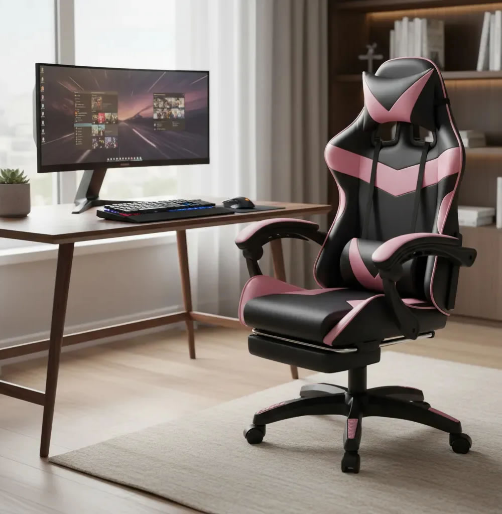 Cadeira gamer Nitro Luvinco rosa ergonômica em couro sintético reclinável com apoio de pés