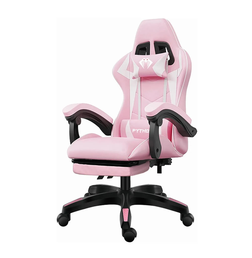 Cadeira gamer rosa Python Fly rosa/branco reclinável com apoio de pés
