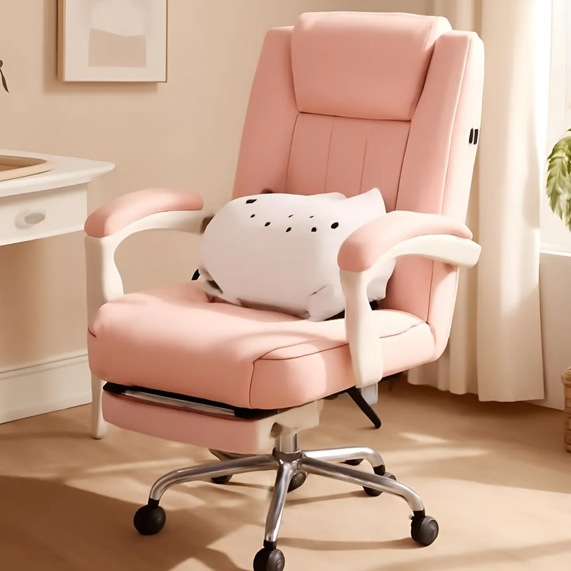 Cadeira home office rosa com 7 pontos de massagem e apoio para pés em couro sintético