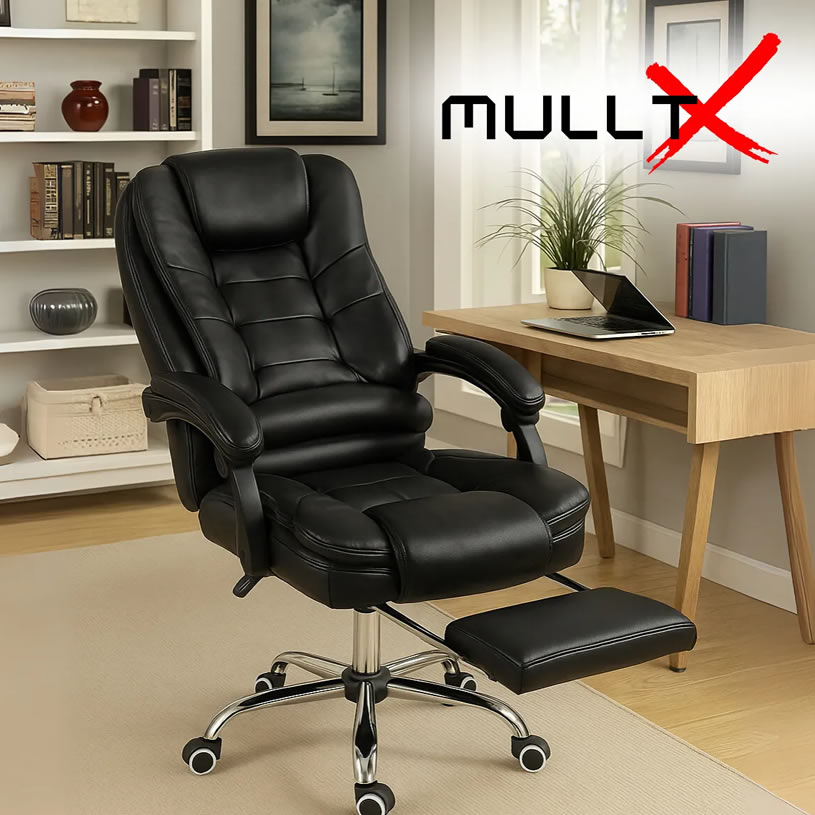 Cadeira presidente Mulltx preta ergonômica com apoio de pés em couro sintético