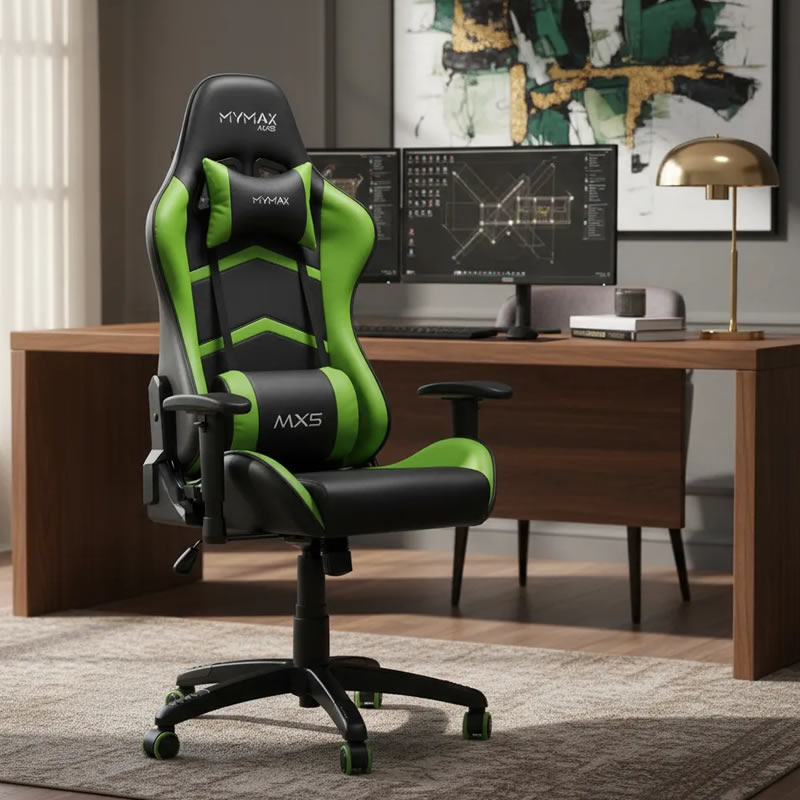 Melhor Cadeira Gamer Ergônomica: Cadeira de escritório mymax mx5 gamer ergonômica preto e verde com estofado em tecido sintético