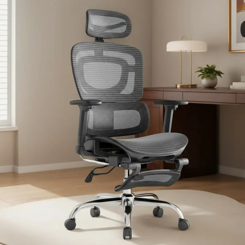 Cadeira de Escritório para Obeso Ergonômica Mônaco BT07 Luvinco Preta com Malha Respirável, Suporte Lombar Adaptável e Apoio para Pés Retrátil