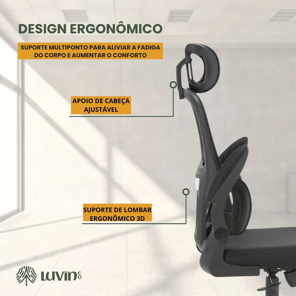 Cadeira de Escritório Ergonômica Genebra B500 Luvinco Preta com Suporte Lombar e Mesh