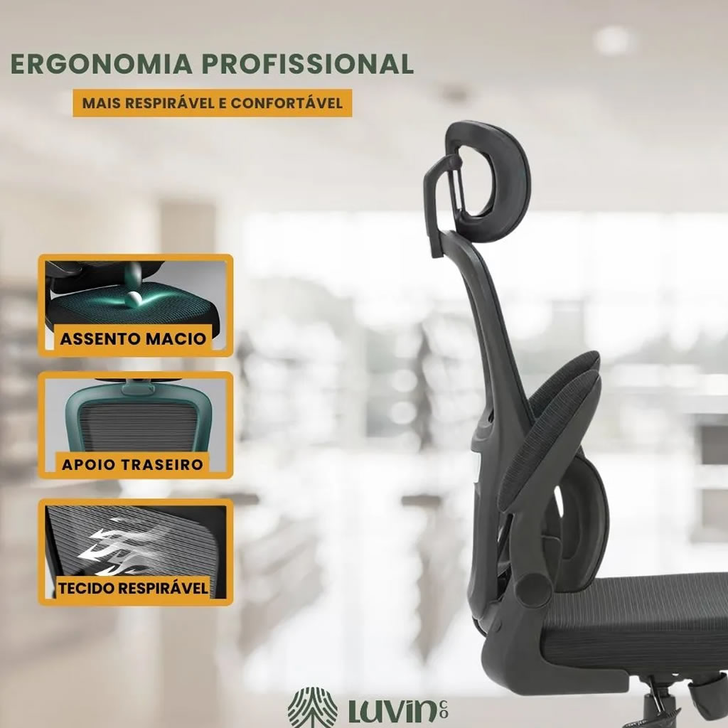Cadeira de Escritório Ergonômica Genebra B500 Luvinco Preta com Suporte Lombar e Mesh