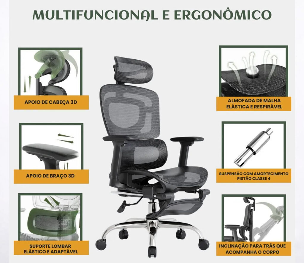 Cadeira de Escritório Ergonômica Mônaco BT07 Luvinco Preta com Malha Respirável, Suporte Lombar e Apoio para Pés Retrátil - 200kg