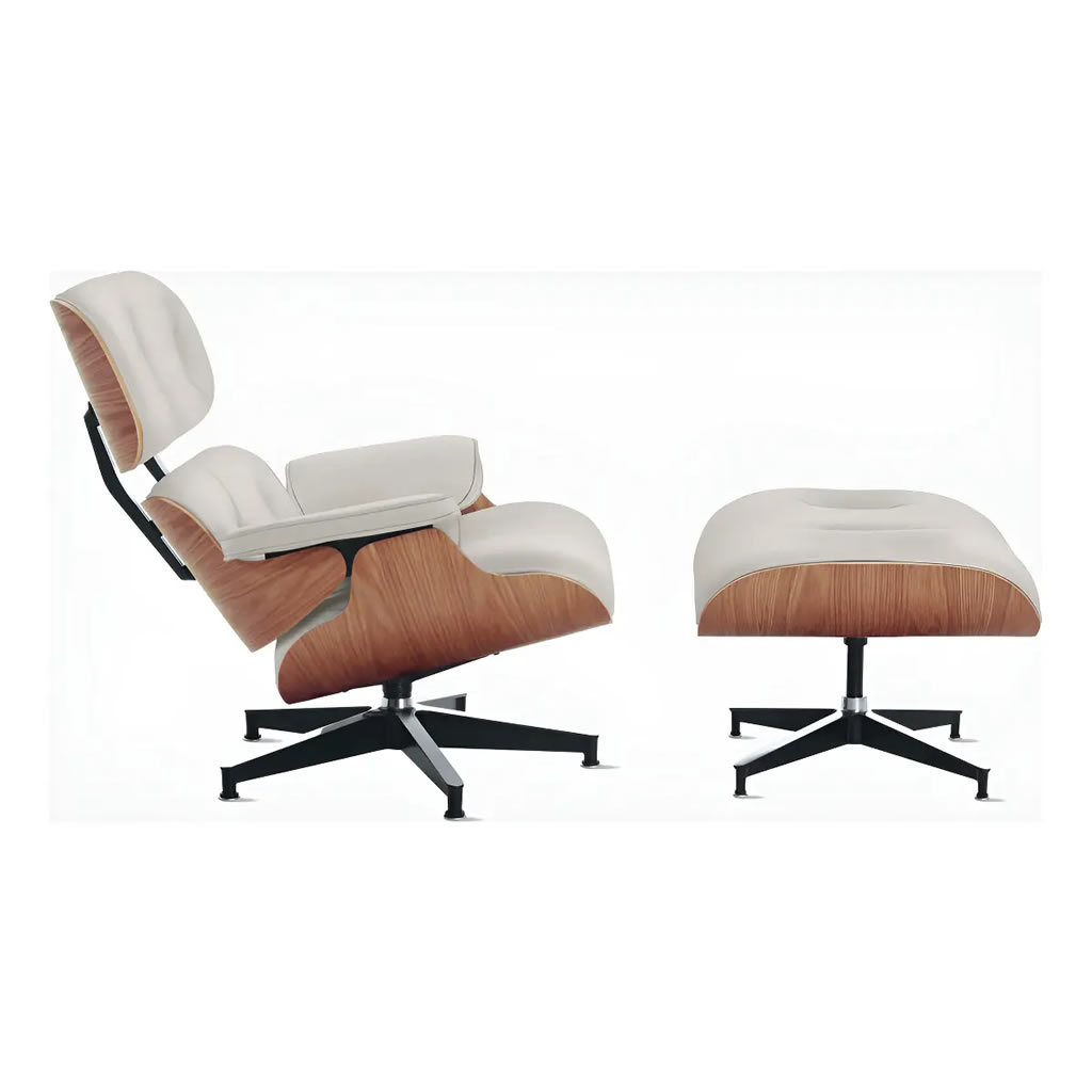 Poltrona Charles Eames com Banqueta Couro Natural Legítimo Cor Freijó Branco - Liso
