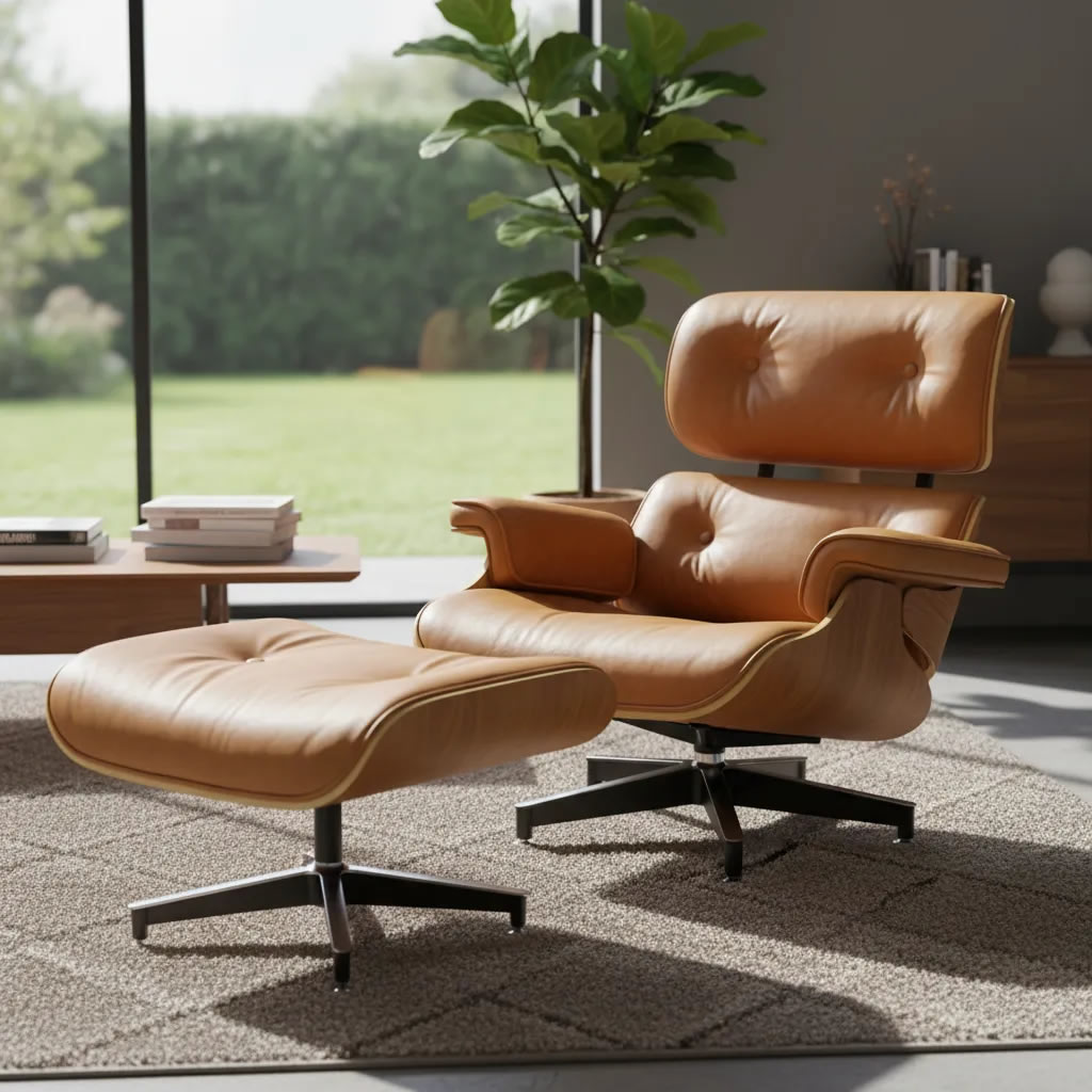 Poltrona Charles Eames com Puff em Couro Legítimo Envelhecido